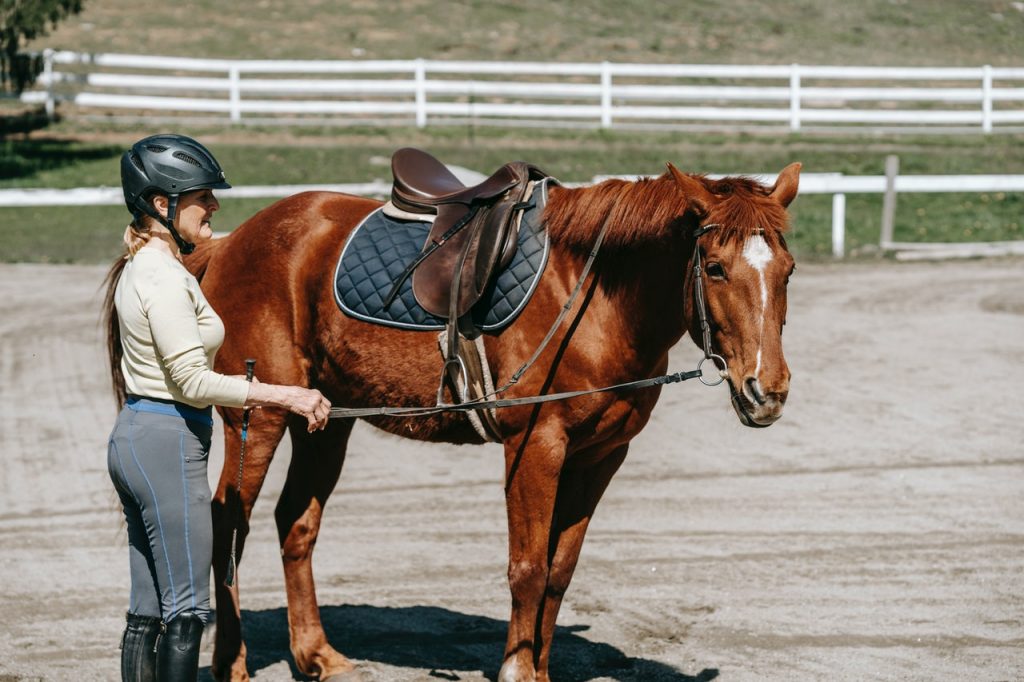 Dato Darren Yaw’s dressage trainer holding a horse’s bridle